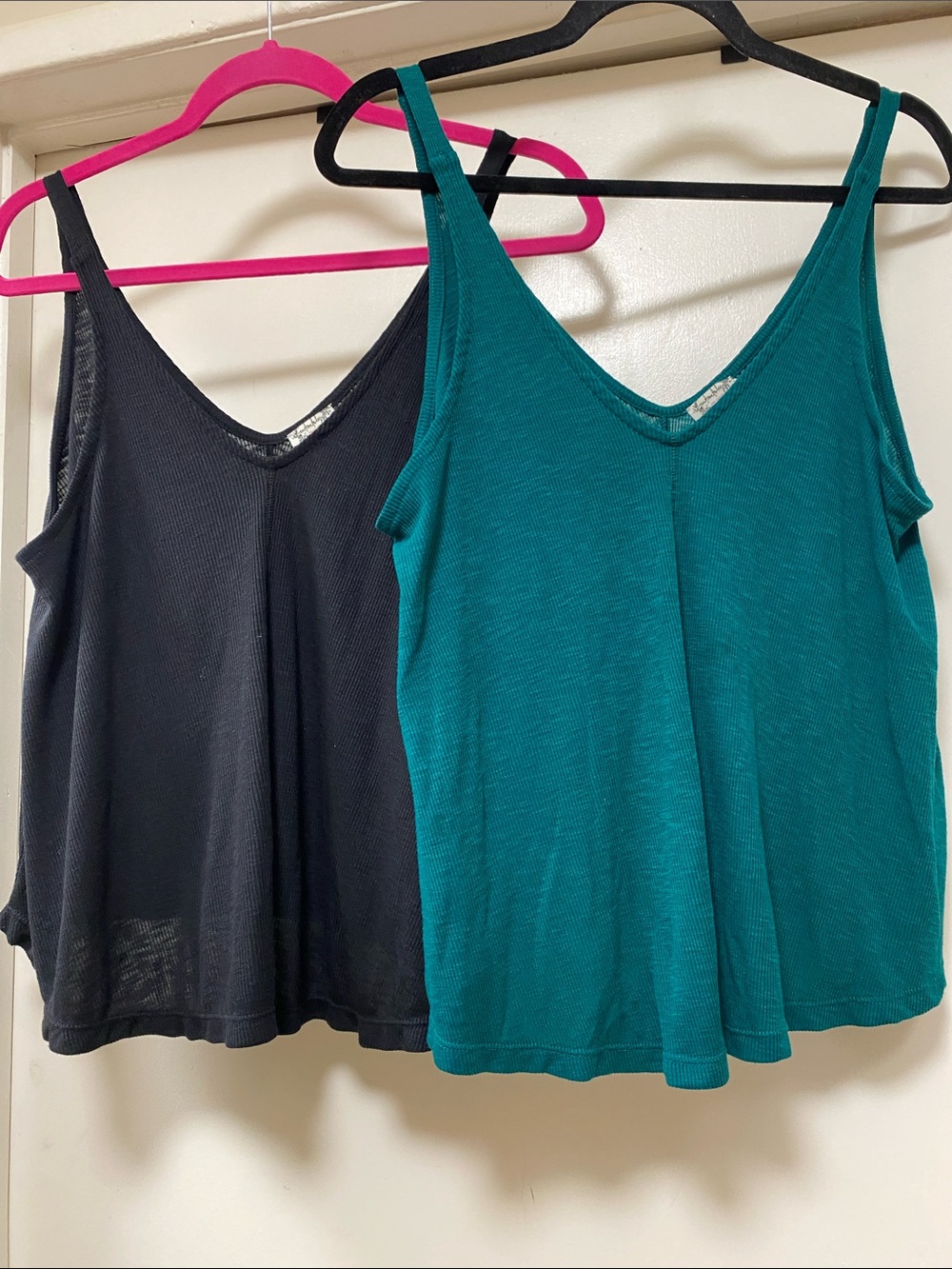 2 back and green Free People Teal & Black V-Neck Tank Tops